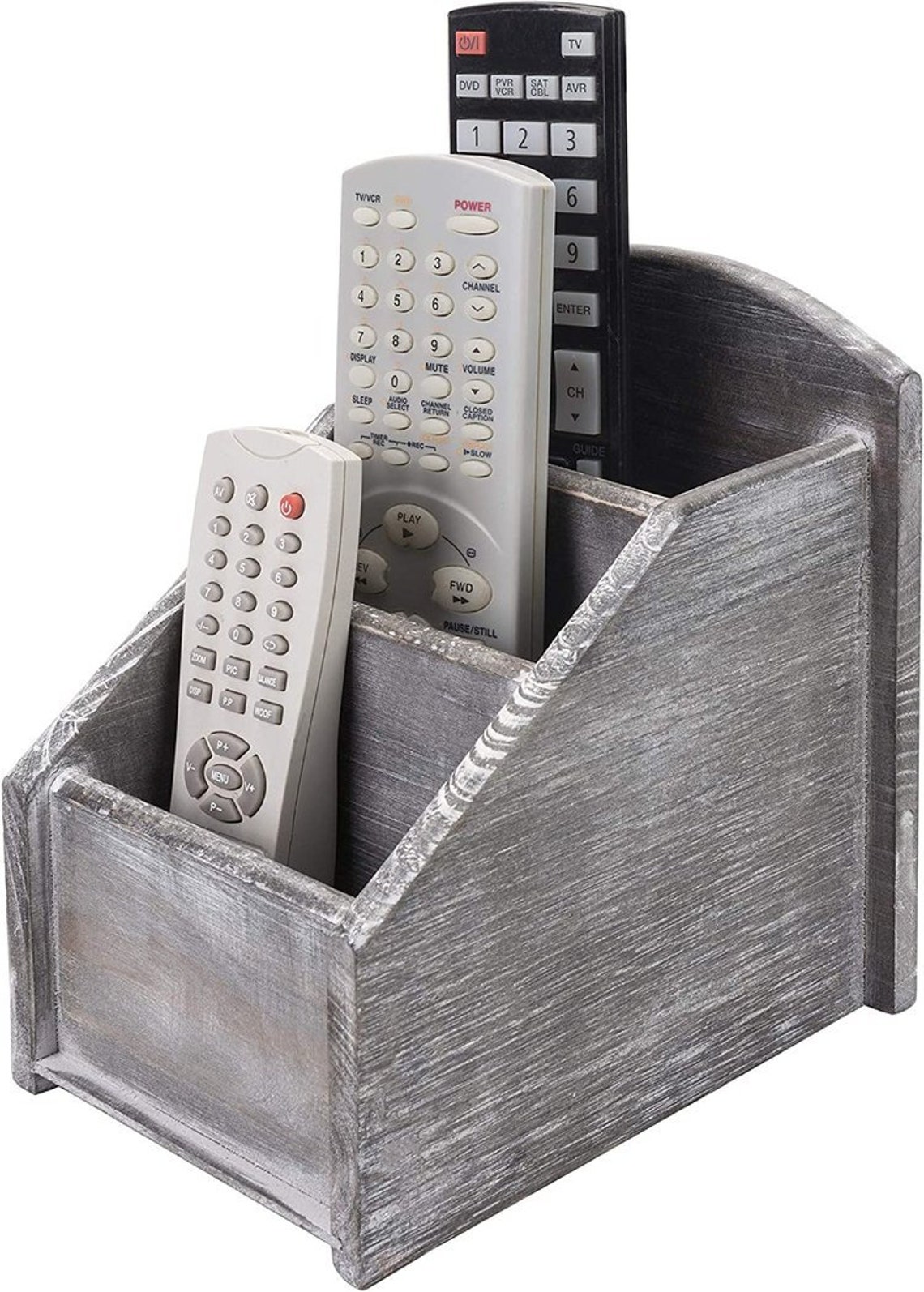 3 Slot Gray Remote Control Caddy With Whitewashed Wood Finish Etsy