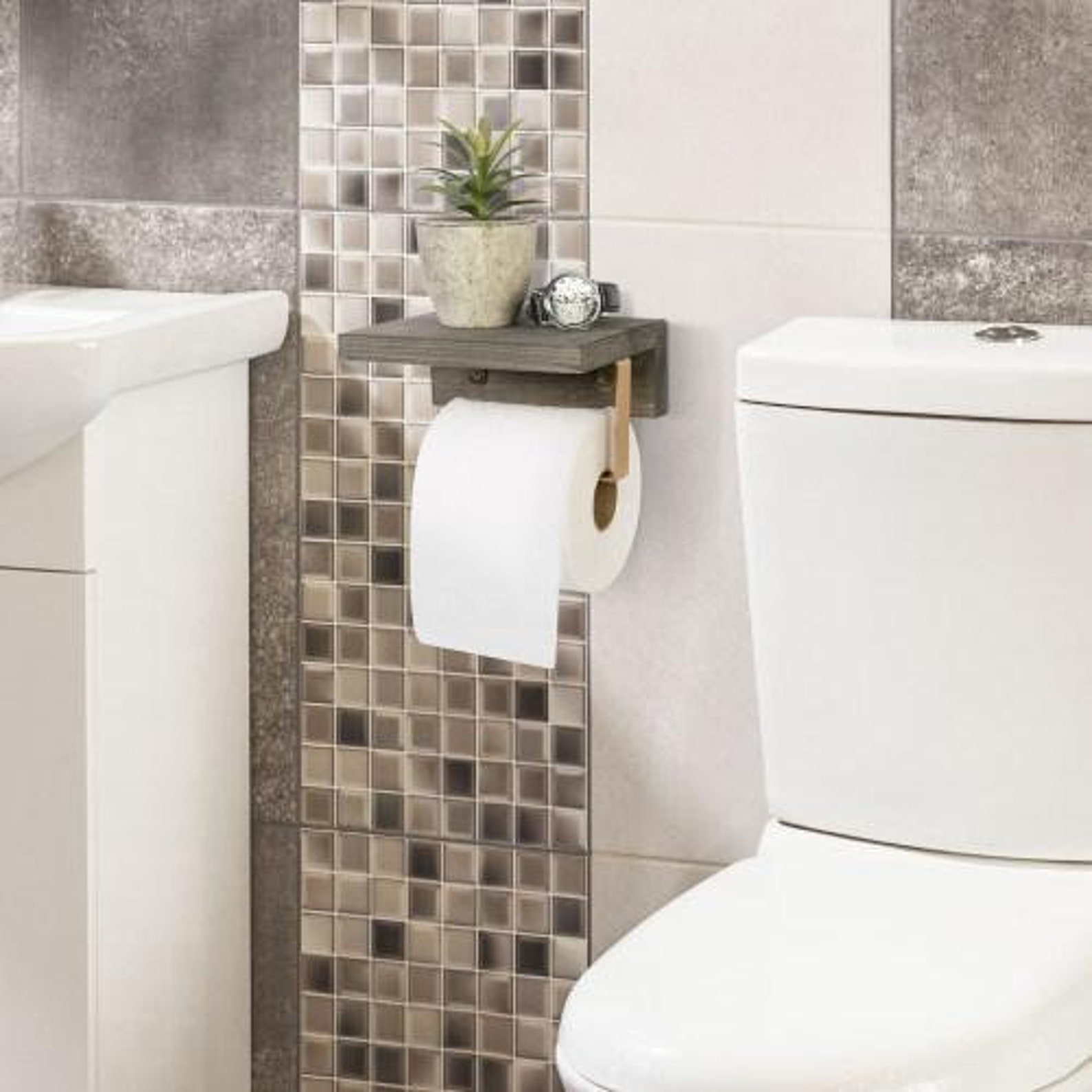 Soporte de papel higiénico de madera gris y metal latón con | Etsy