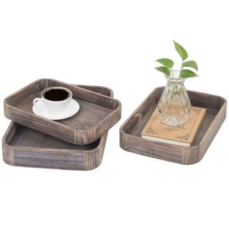 Set of 3 Gray Wood Nesting Serving Trays with Rounded Edges