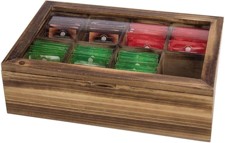 MyGift 8-Slot Torched Wood Tea Bag Storage Box with Clear Lid & Pull-Out Drawer 