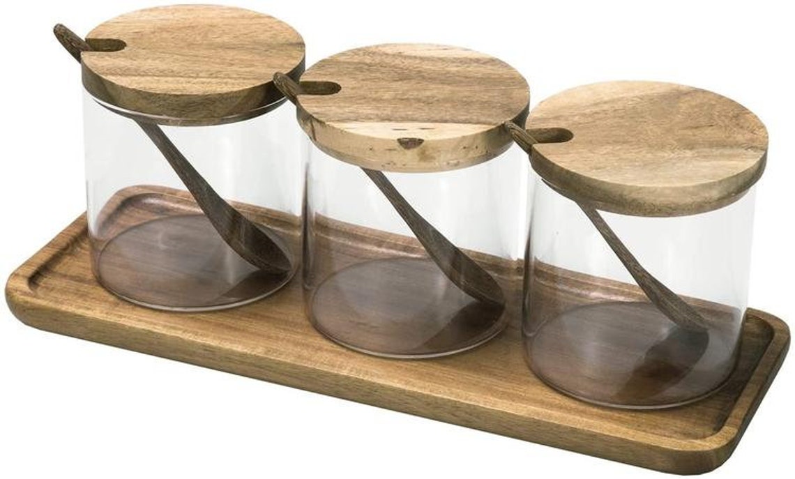 Natural Acacia Wood and Clear Glass Spice Jar Container Set Etsy