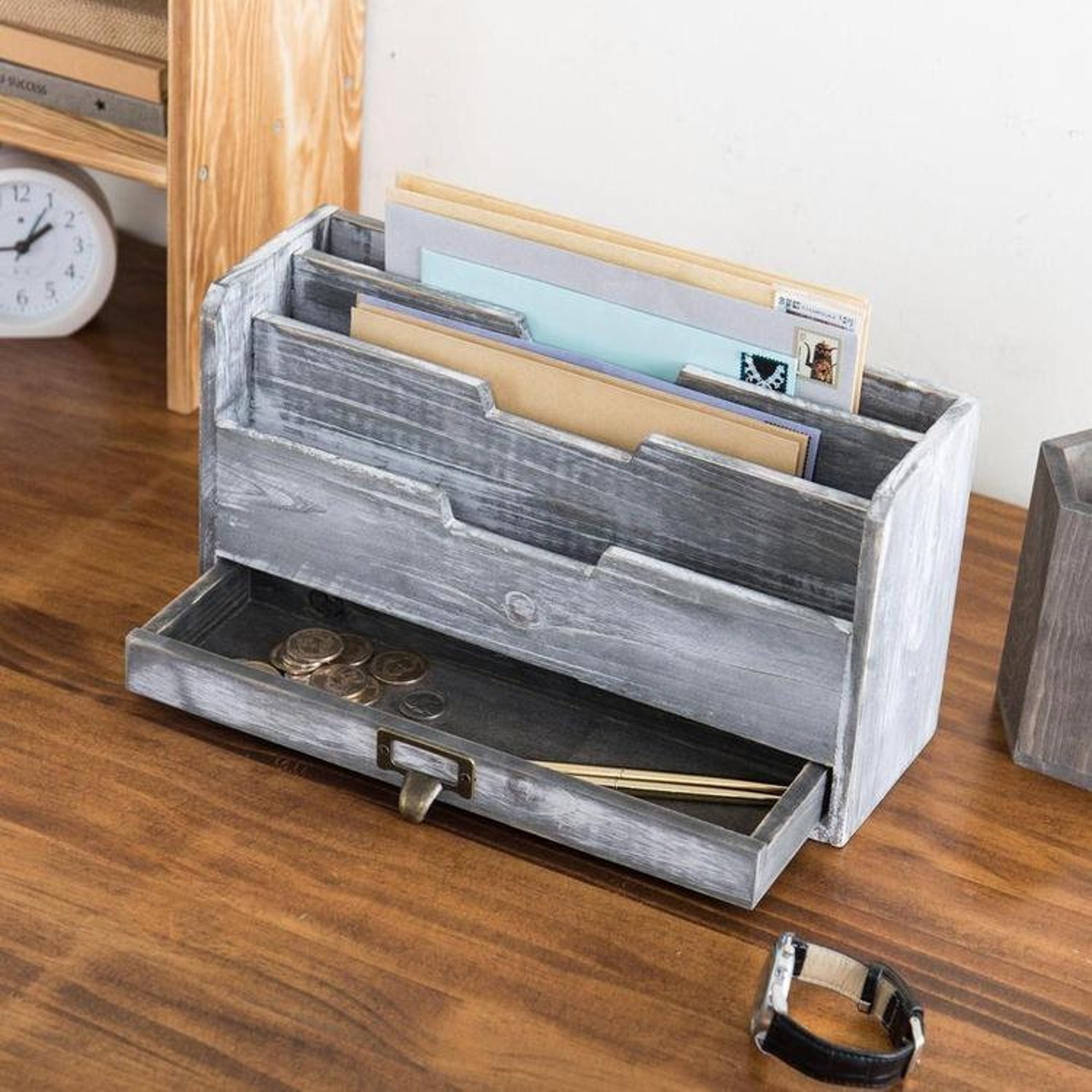 3 Slot Rustic Gray Wood Mail Organizer with Drawer for Etsy