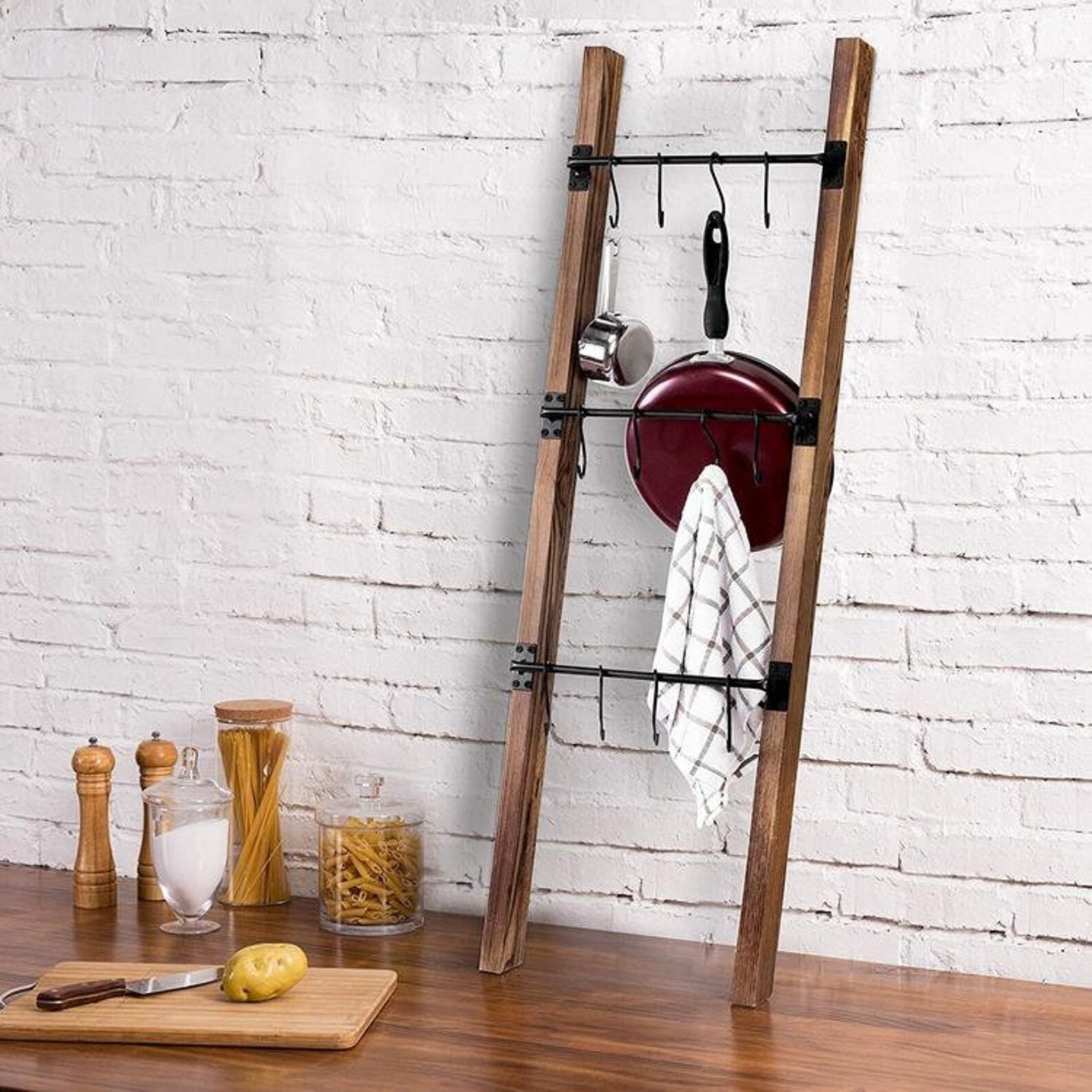 Burnt Wood Wall Leaning Ladder Towel Holder with 12 Black Etsy