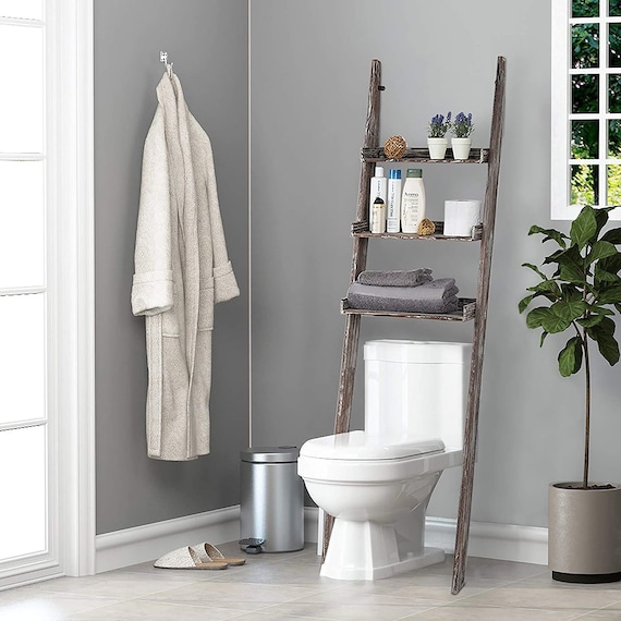 3 Tier Rustic Wood Over The Toilet Wall Leaning Ladder Storage Toilet Wall Leaning Ladder Storage, Ladder Storage Above Toilet