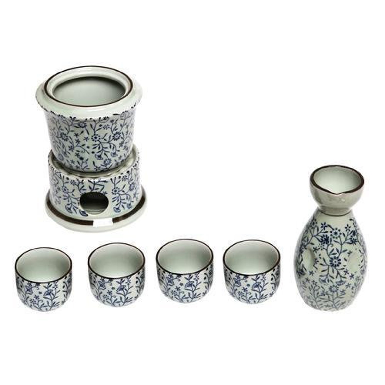 Japanese Sake Set with Warmer Ceramic Blue Floral Design Etsy