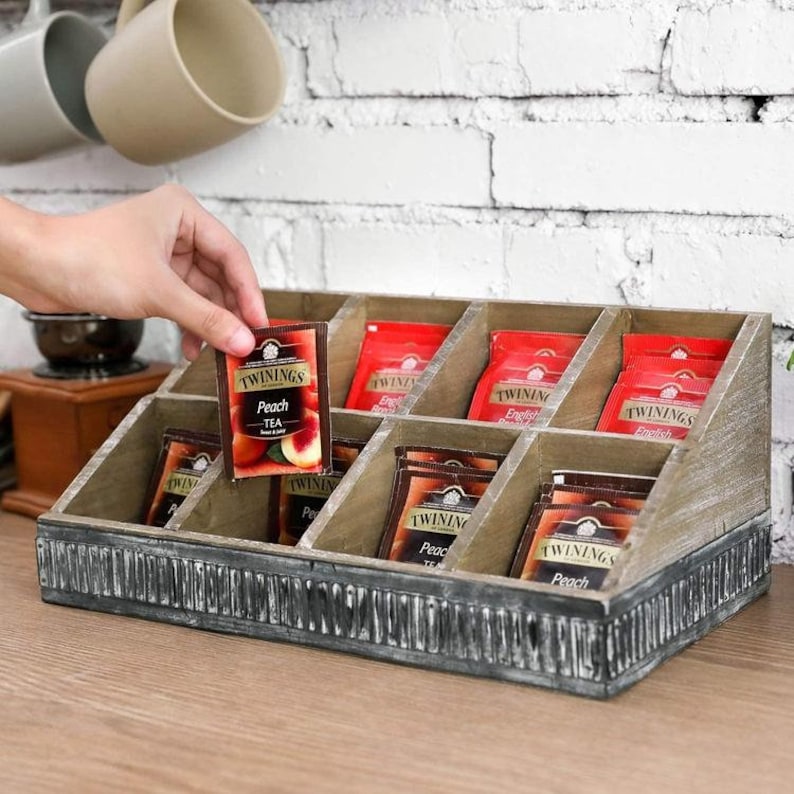 Distressed Wood Tea Bag Storage Display Tray With Galvanized Etsy