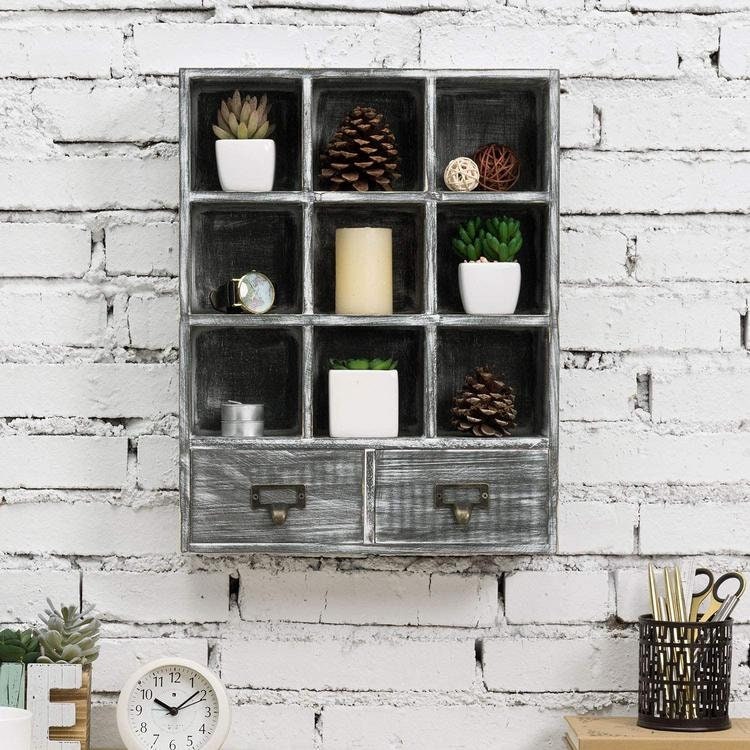 MyGift Rustic Torched Wood Wall Mounted Shadow Box w/Cubby Shelving 2 Drawers and Label Holders Dark Brown