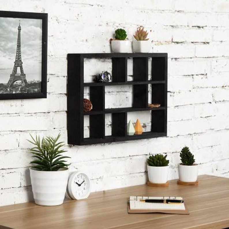 9 Slot Black Wood Shadow Box Shelves Wall Mounted or Tabletop Etsy