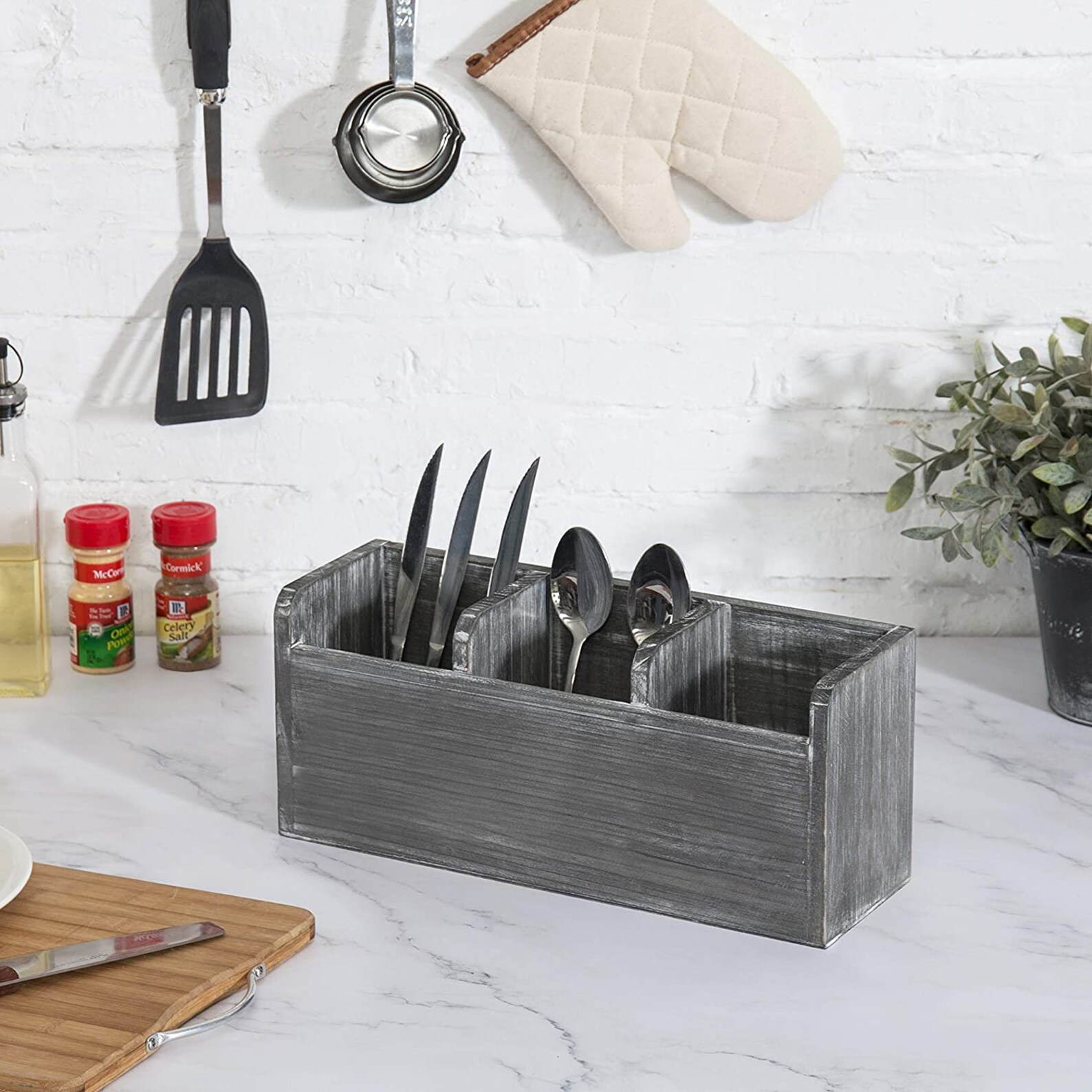 Grey Wood Utensil Holder 3slot Flatware Etsy
