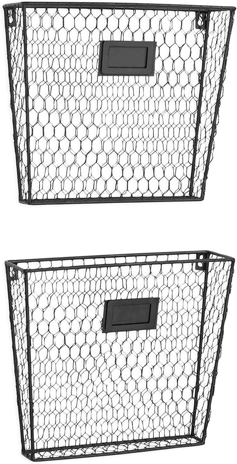 Set of 2 Wall Mounted Chicken Wire Magazine Organizer Rack with Chalkboard,Gray 