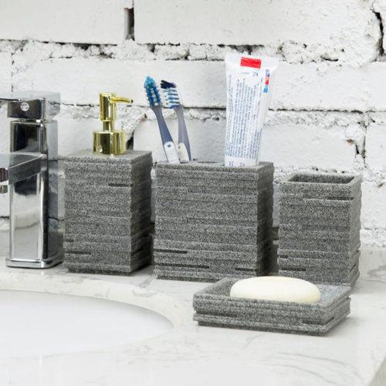 Set of 4 Modern Gray Stone Style Bathroom Accessory Set Etsy