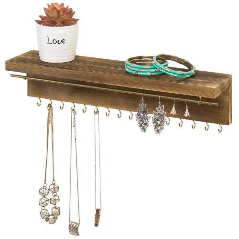 Modern Wood /& Brass Jewelry Display Rack with Shelf