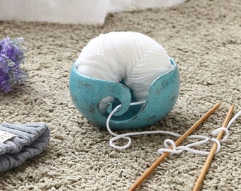 Turquoise, Handcrafted Ceramic Knitting Yarn Bowl Holder with Elegant Swirl Design