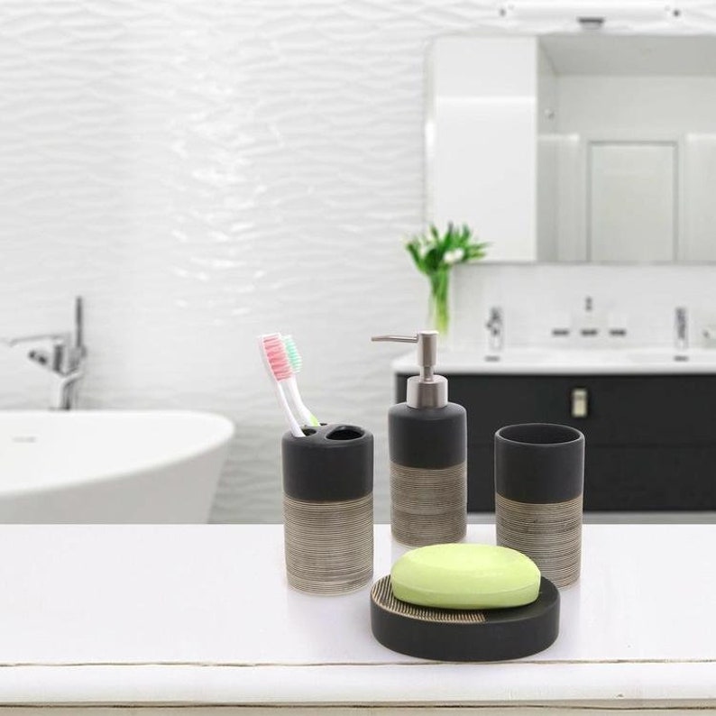Bathroom Accessories Set Max 77% OFF 4 Piece Superior Ceramic Gray Bath Black