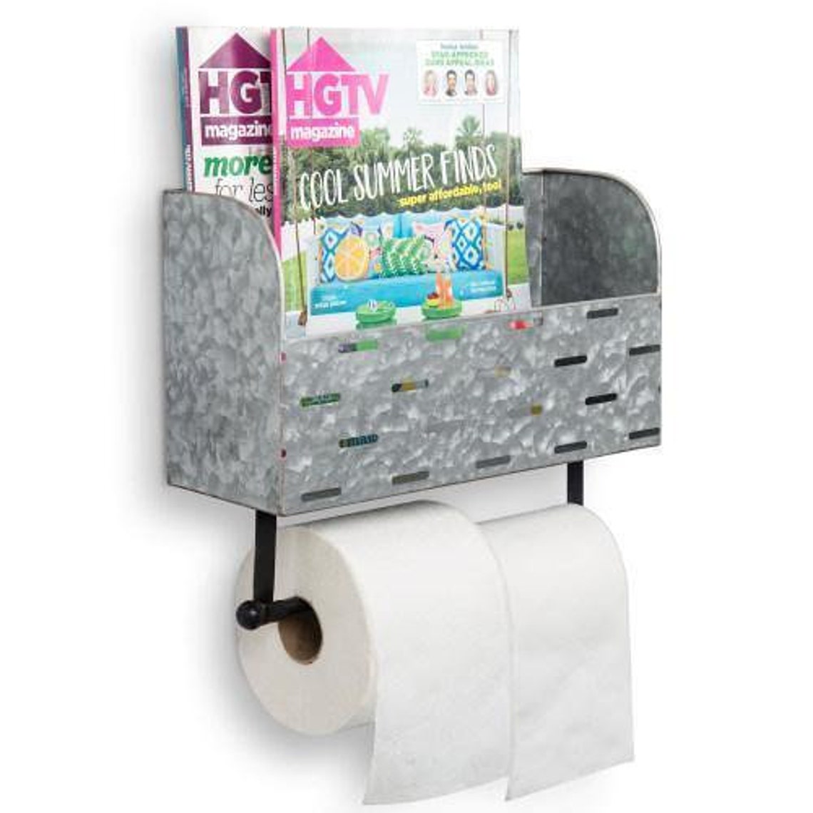 Galvanized Metal Double Roll Toilet Paper Holder with Magazine Etsy