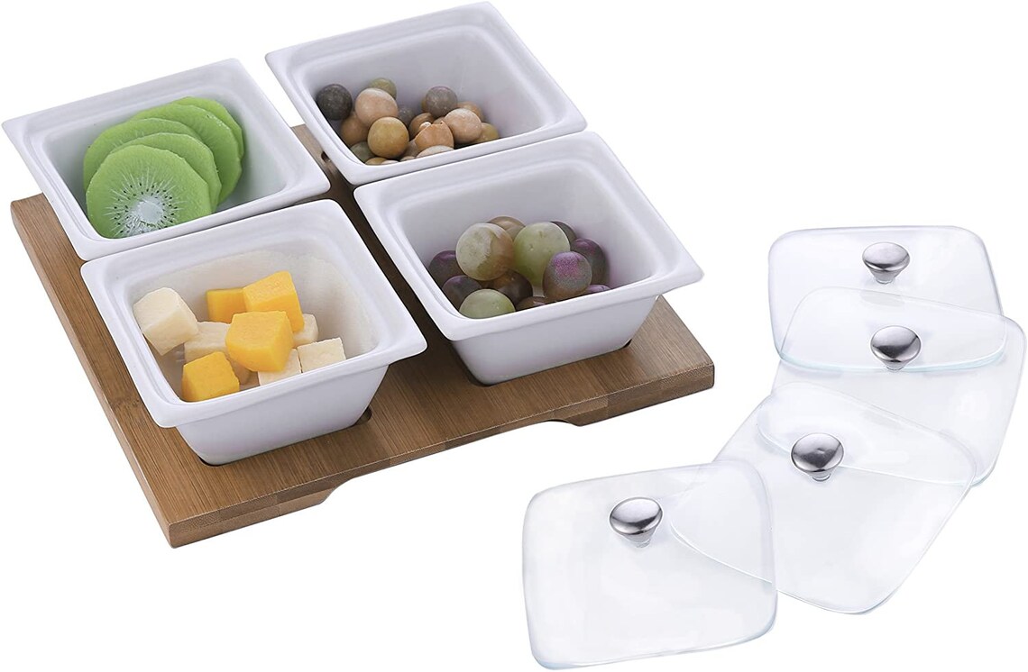 Set of 4 White Ceramic Condiment Serving Bowl Set with Lids Etsy