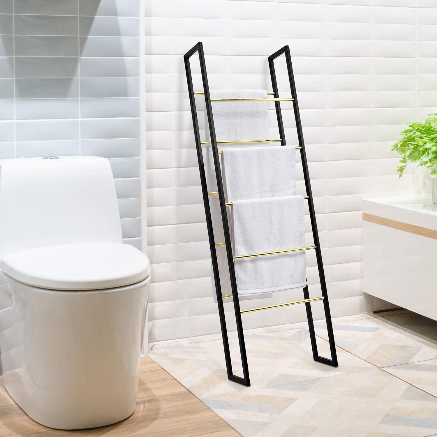 Black and Gold Tone Metal Towel Ladder Rack Wall Leaning Etsy