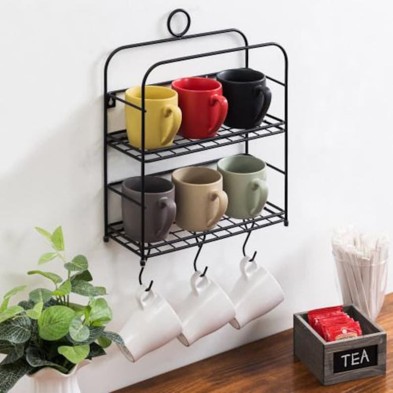 Wall Mounted Black Metal Coffee Mug Rack Cup Organizer Shelf Etsy