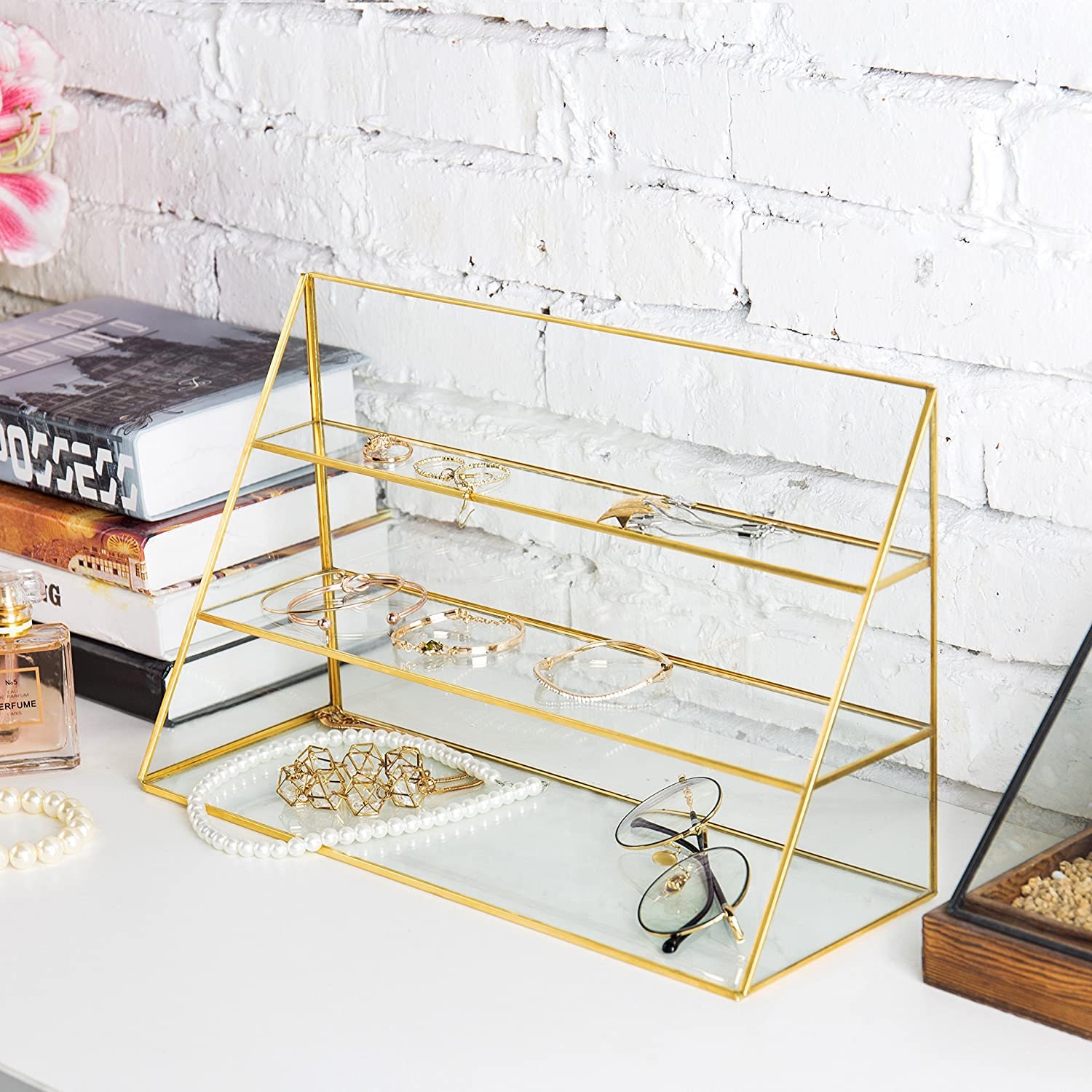 3tier Glass Jewelry Display Case With Goldtone Metal Frame Etsy