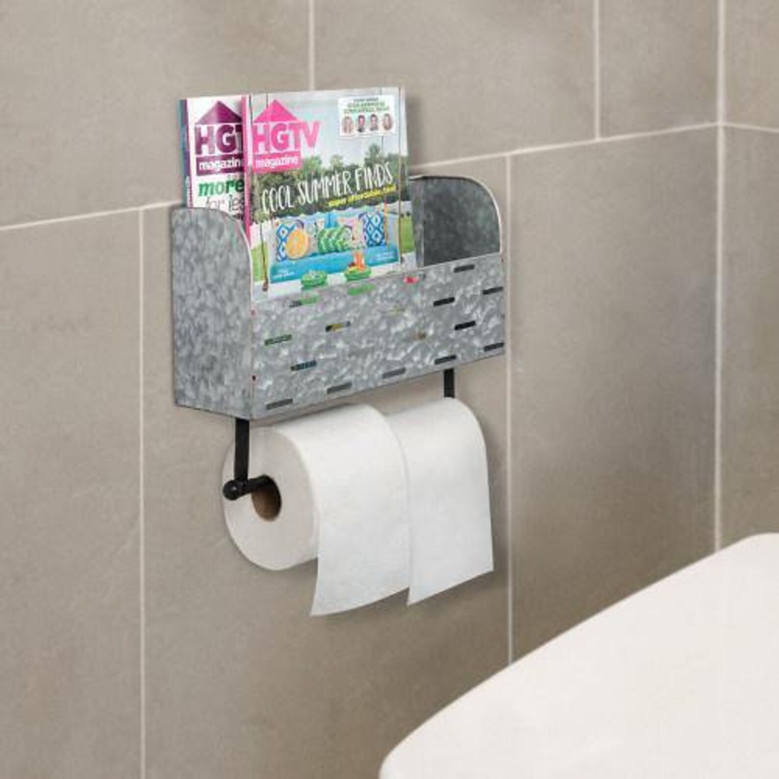 Galvanized Metal Double Roll Toilet Paper Holder with Magazine Etsy