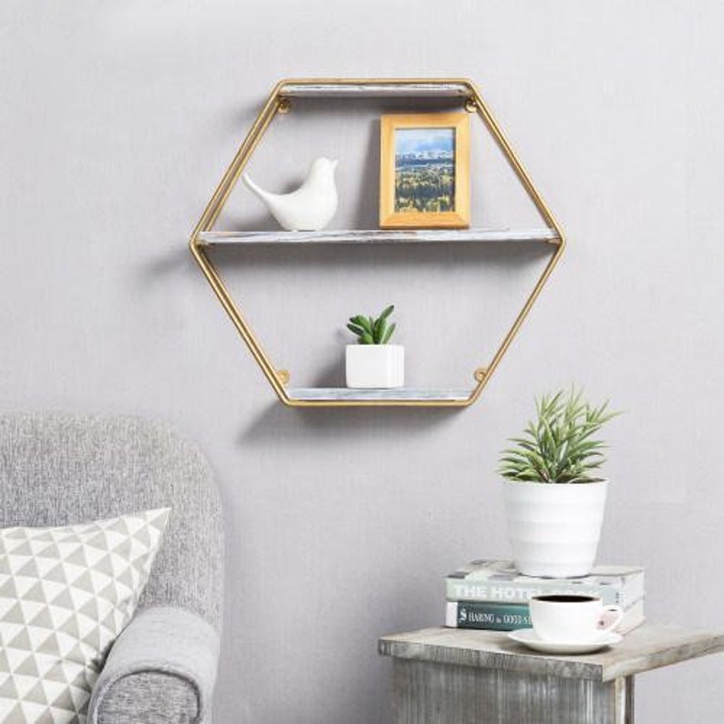 Wall Mounted Shelf with Hexagon Gold Metal Frame & Whitewashed Etsy