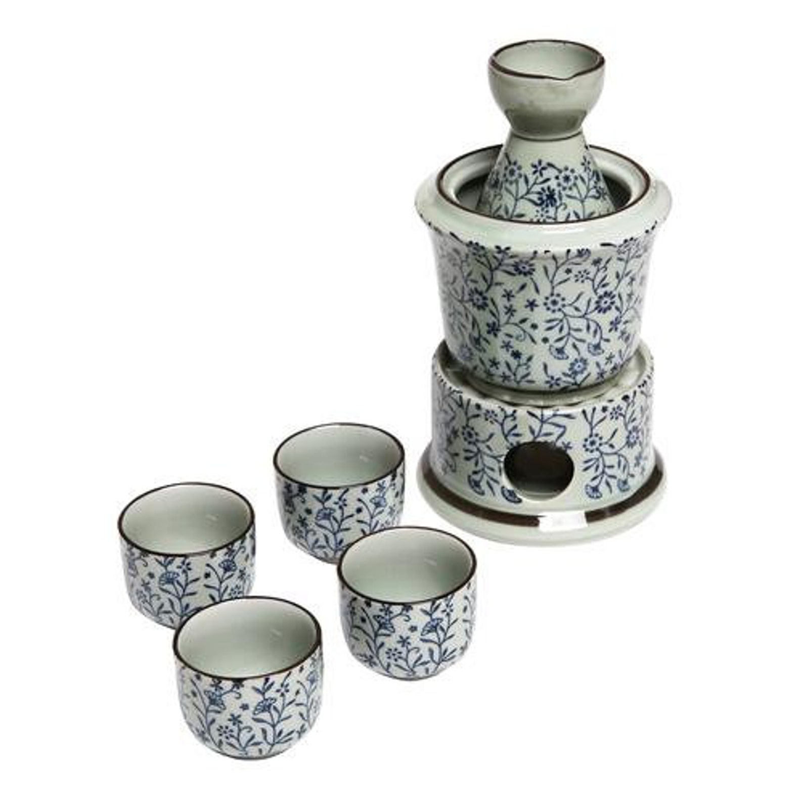 Japanese Sake Set with Warmer Ceramic Blue Floral Design Etsy