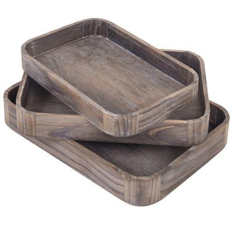 Set of 3 Gray Wood Nesting Serving Trays with Rounded Edges