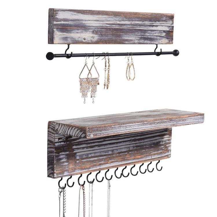 Set of 3 MyGift Rustic Wall-Mounted Wood Jewelry Hangers with Shelf 
