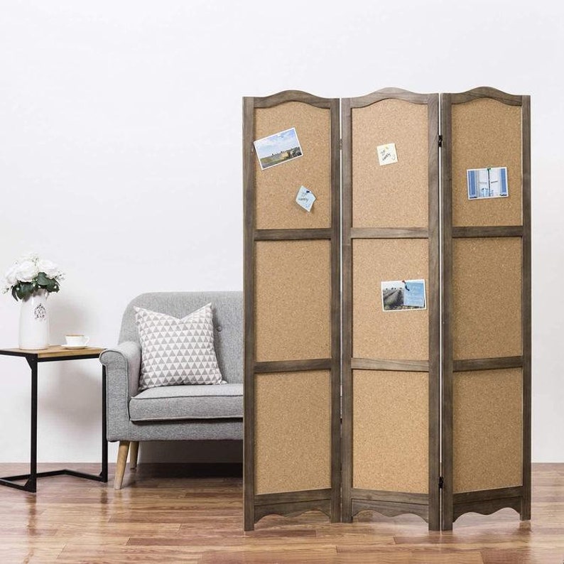 3panel Cork Board Room Divider With Brown Wood Frame Etsy