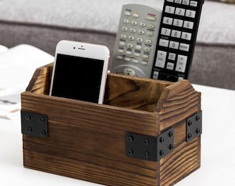 jawani Wood TV Remote Caddy with 2-Slot Media Organizer Living Room Couch or Bedside Table Stand Brown Universal Upright Vertical Storage Rustic Wooden Remote Control Holder