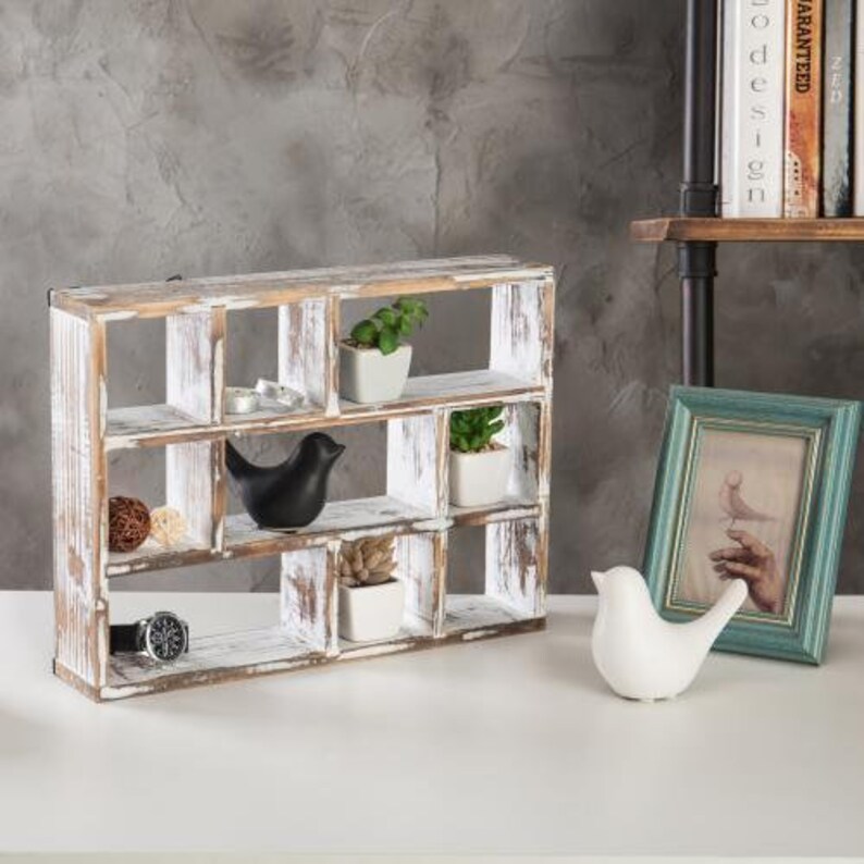 9 Slot Vintage Whitewashed Wood Shadow Box Shelves Wall Etsy