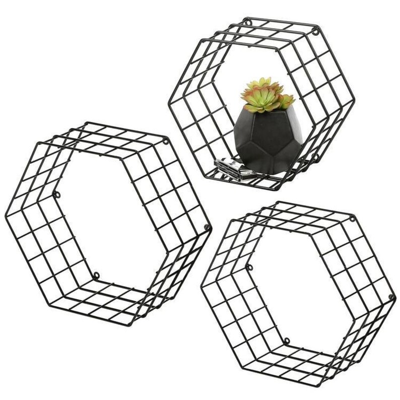 Metal Wire Hexagon Design WallMounted Shelves Set of 3 Etsy