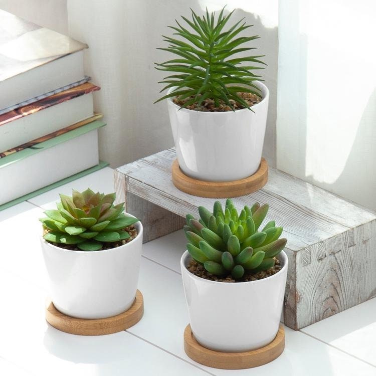 MyGift Set of 2 Modern Geometric White Ceramic Mini Succulent Planter Pots with Removable Bamboo Saucer MyGift Set of 2 Modern Geometric White Ceramic Mini Succulent Planter Pots with Removable Bamboo Saucer