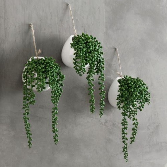 Set of 2 Artificial String of Pearls Plants White Ceramic Wall-Hanging Planters
