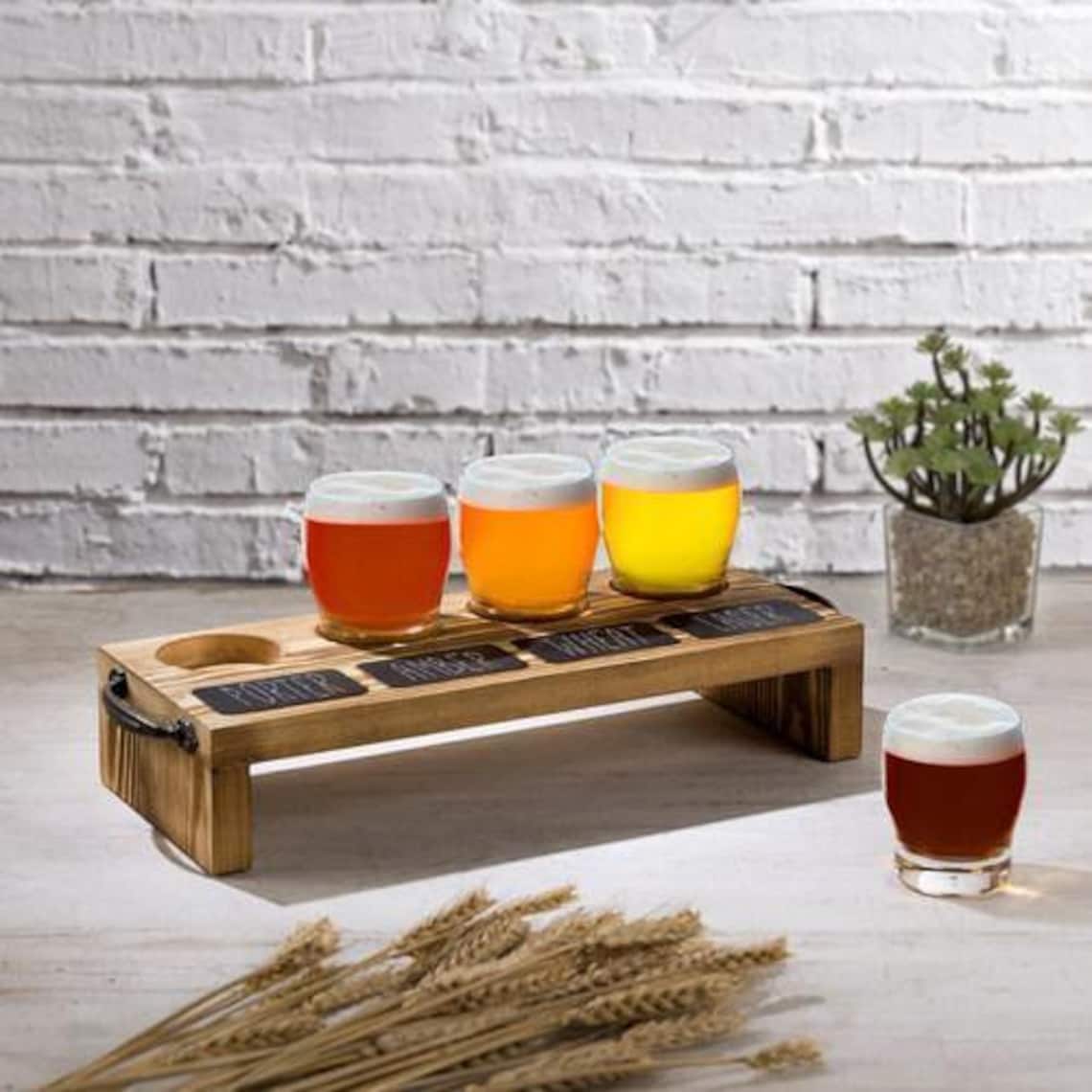 4 Glass Beer Flight With Glasses With Burnt Wood Serving Caddy Etsy