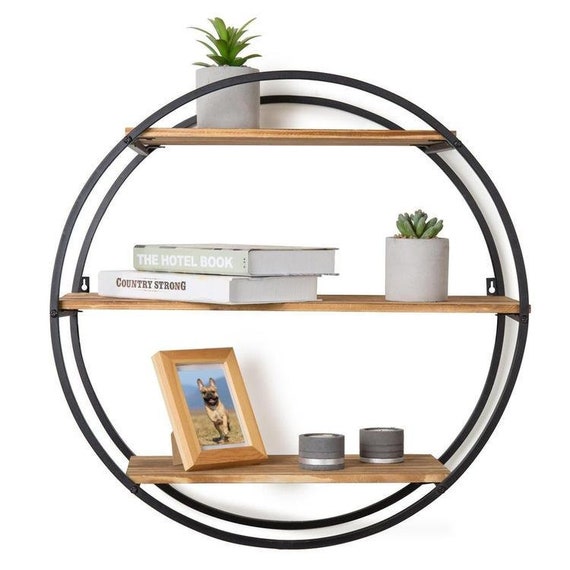 floating wooden circle shelf Circle floating wall shelf round plant