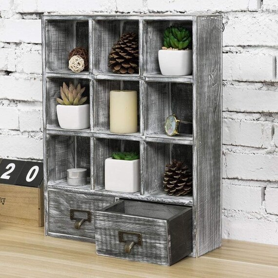 MyGift Rustic Torched Wood Wall Mounted Shadow Box w/Cubby Shelving 2 Drawers and Label Holders Dark Brown MyGift Rustic Torched Wood Wall Mounted Shadow Box w/Cubby Shelving 2 Drawers and Label Holders Dark Brown