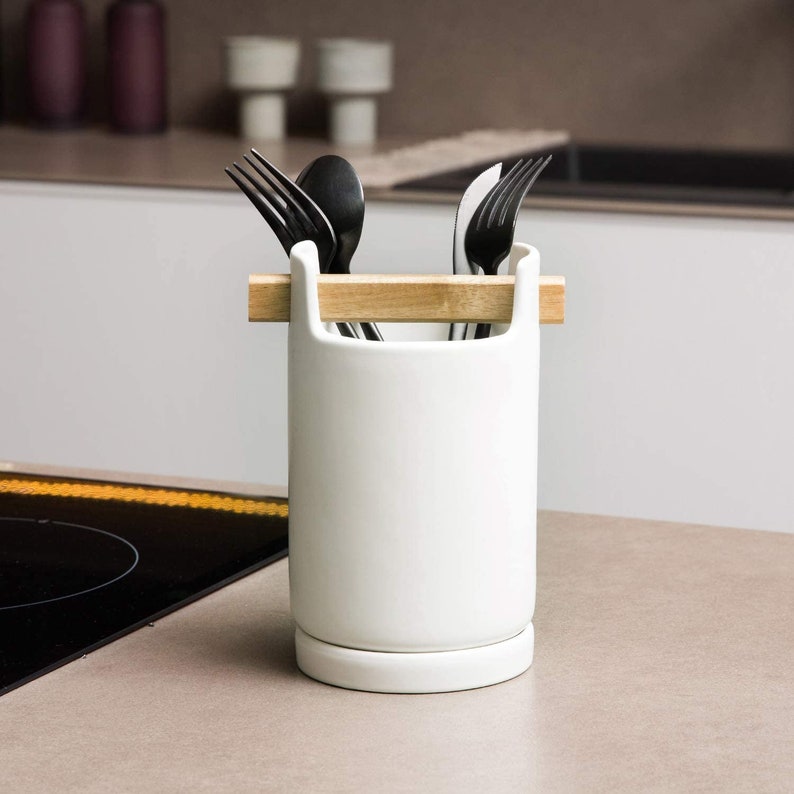 Modern White Ceramic Utensil Crock Cutlery Caddy with Etsy