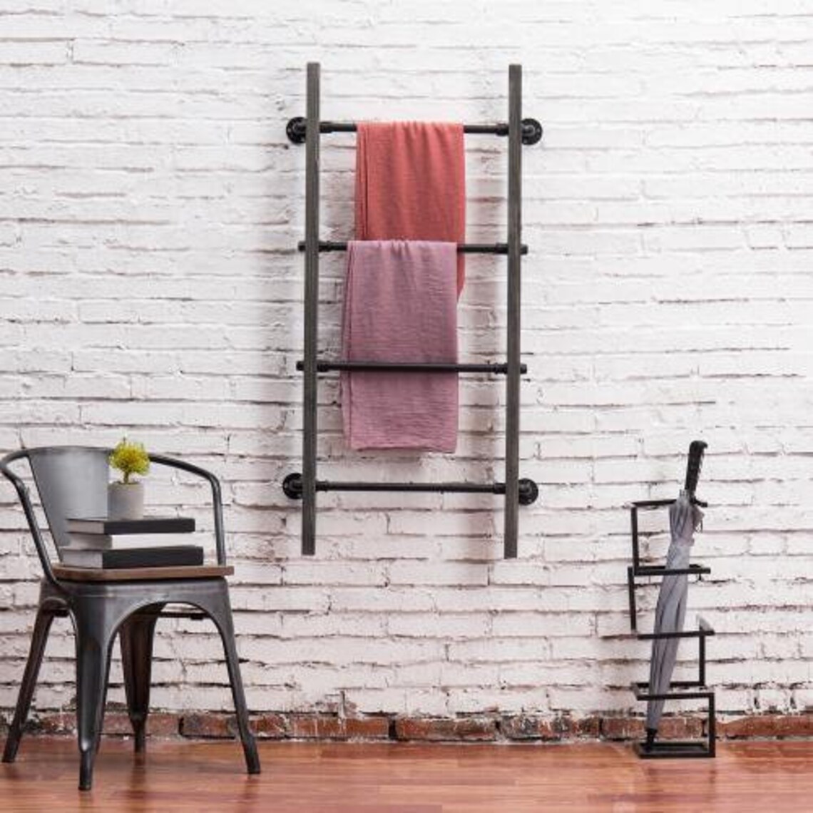 Gray Wood & Industrial Metal Pipe Wall Mounted Towel Ladder Etsy