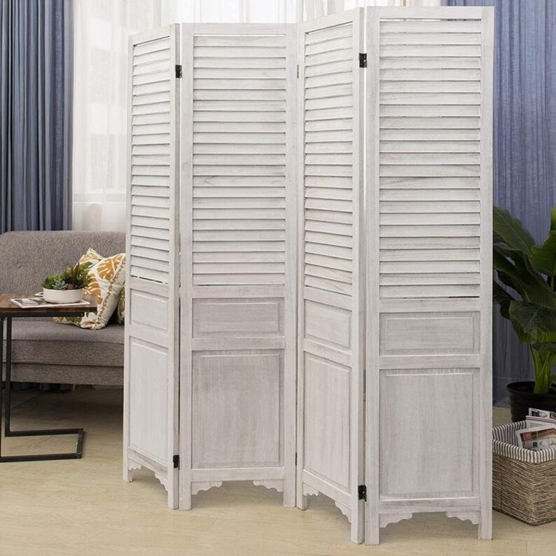 Vintage White Wood Louvered Folding Room Divider w/4Panels Etsy