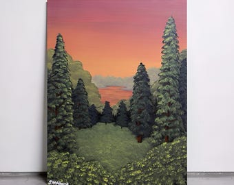 Original Acrylgemälde, Kiefer Sonnenuntergang Landschaft, Bergsee Wandkunst
