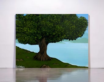Original Oak Tree Acrylic Painting on Canvas - Large Summer Landscape Wall Art - Green Tree by Lake Coastal Decor - Hand Painted Art