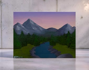Pintura acrílica original de paisaje de montaña, arte mural de naturaleza pintado a mano, pequeña obra de arte de puesta de sol en un bosque de pinos, lienzo con vista al río, impasto
