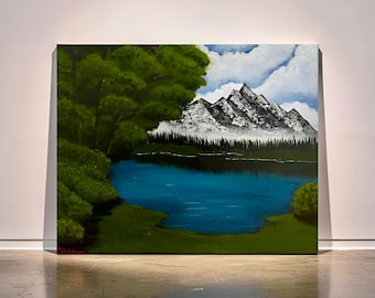 Oryginalny akrylowy obraz przedstawiający górskie jezioro, teksturowane płótno z wiecznie zielonym lasem, rustykalna dekoracja ścienna do domku