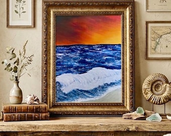 Ingelijste Ocean Wave Art Print, giclee zonsondergang zeegezicht, Limited Edition Museum Heritage Wall Art, Home Decor kust, nautisch cadeau voor hem