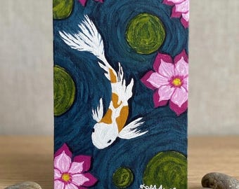Original Koi Fish Painting 4x6, Small Lotus Pond Art, Zen Pond Original Painting, Pink Water Lily Wall Art, Goldfish Pond Decor