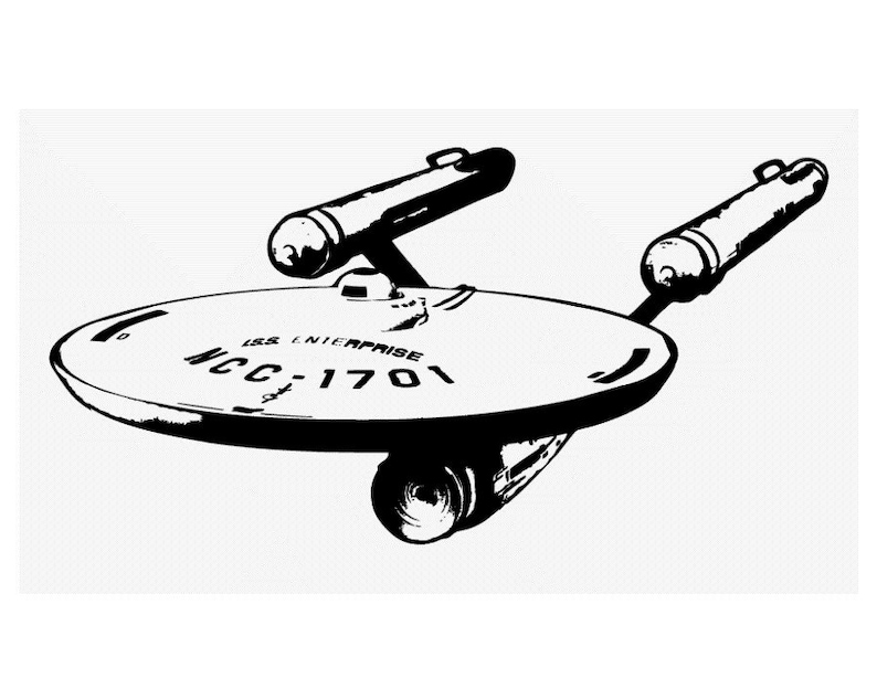 Może przedstawiać: Czarno-biała ilustracja statku kosmicznego USS Enterprise z serialu Star Trek. Statek jest pokazany w profilu, z sekcją dyskową skierowaną w stronę widza. Nazwa statku, "USS Enterprise", i jego numer rejestracyjny, "NCC-1701", są widoczne na sekcji dyskowej.