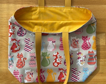 LINED TOTE BAG - Colourful Cats cotton canvas fabric design with lining.