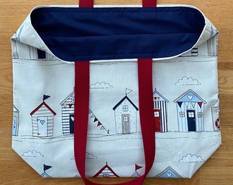Beach Huts Lined Tote Bag – Cotton Canvas, Long Handles