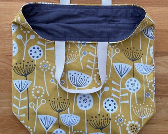LINED TOTE BAG - Bergen Ochre Cotton Canvas Abstract flowers pattern with lining.